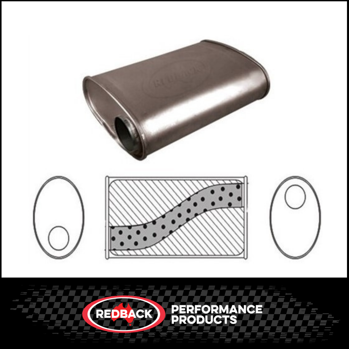 10" X 5" OVAL 14" LONG 3" O/C MEGA FLOW REDBACK UNIVERSAL MUFFLER NO SPIGOTS (D827MN)