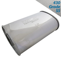 8" x 4" OVAL 14" LONG 2" O/C GLASS PACKED CHAMBERED LUKEY STAINLESS STEEL UNIVERSAL MUFFLER (J527GPCN-430L)