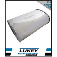 8" x 4" OVAL 14" LONG 2" O/C GLASS PACKED CHAMBERED LUKEY STAINLESS STEEL UNIVERSAL MUFFLER (J527GPCN-430L)