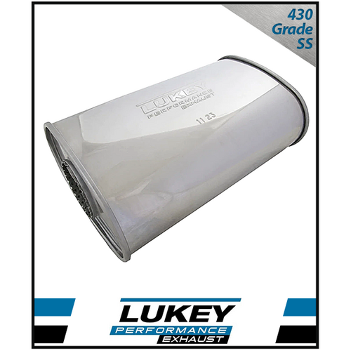 8" x 4" OVAL 14" LONG 2" O/C GLASS PACKED CHAMBERED LUKEY STAINLESS STEEL UNIVERSAL MUFFLER (J527GPCN-430L)