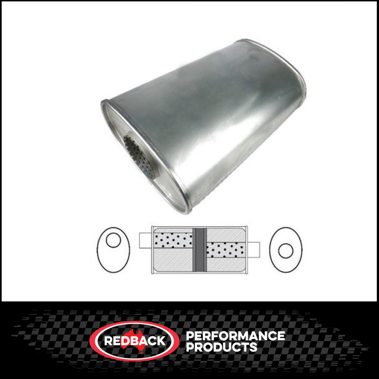 10" X 5" OVAL 14" LONG 3" O/C BAFFLED REDBACK UNIVERSAL MUFFLER NO SPIGOTS (D827GPBN)