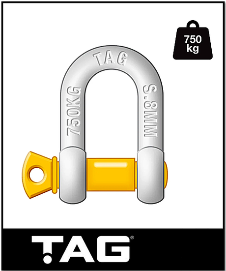 TAG DROP FORGED CARBON STEEL D-SHACKLE - LOAD RATE 750KG 8MM (DSG008)