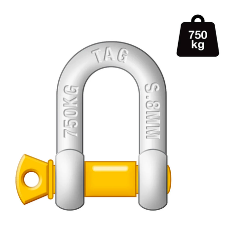 TAG DROP FORGED CARBON STEEL D-SHACKLE - LOAD RATE 750KG 8MM (DSG008)