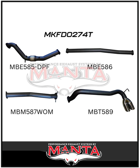 MANTA 3" TURBO BACK EXHAUST SYSTEM WITH SIDE EXIT (DPF DELETE) FITS FORD RANGER PXII PXIII 3.2L TD 10/2016-2022 - NO CAT/PIPE ONLY (MKFD0274T)