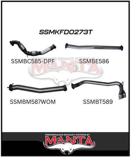 MANTA 3" TURBO BACK EXHAUST SYSTEM WITH SIDE EXIT (DPF DELETE) FITS FORD RANGER PXII PXIII 3.2L TD 10/2016-2022 - NO CAT/PIPE ONLY (MKFD0274T)